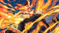 Enji Todoroki libera seu poder flamejante em uma exibição dinâmica de força e determinação.