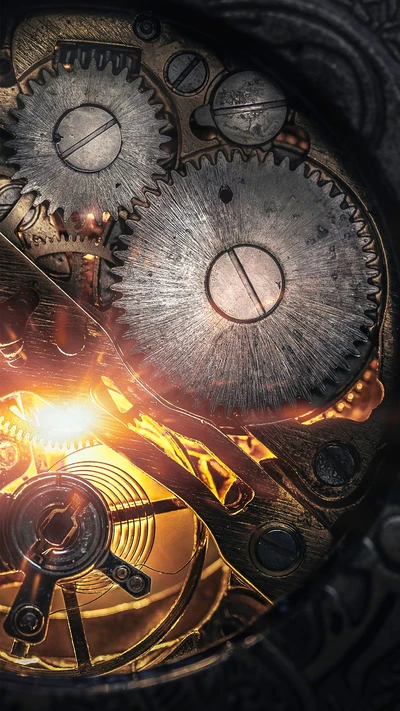 Komplexer Steampunk-Mechanismus, der schimmernde Zahnräder und leuchtende Elemente enthüllt und die Verschmelzung von Kunst und Technologie symbolisiert.