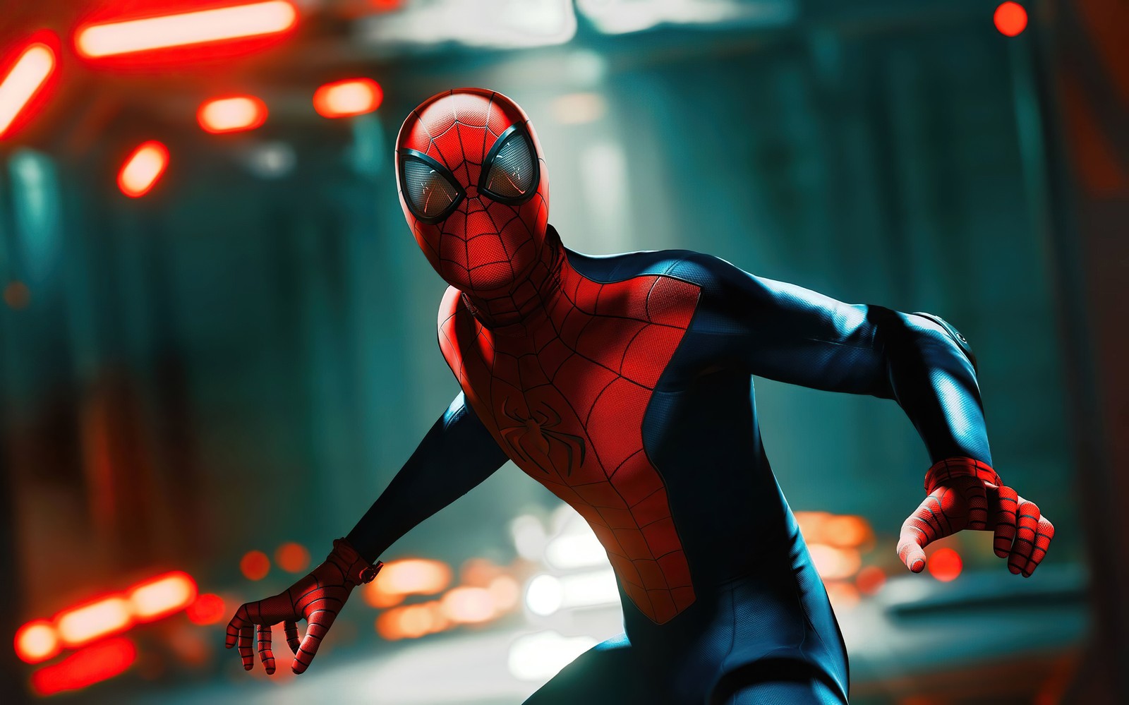 Spider-man en costume courant dans une ville la nuit (spider man, super héros marvel, marvel superheroes, fan art, spiderman)