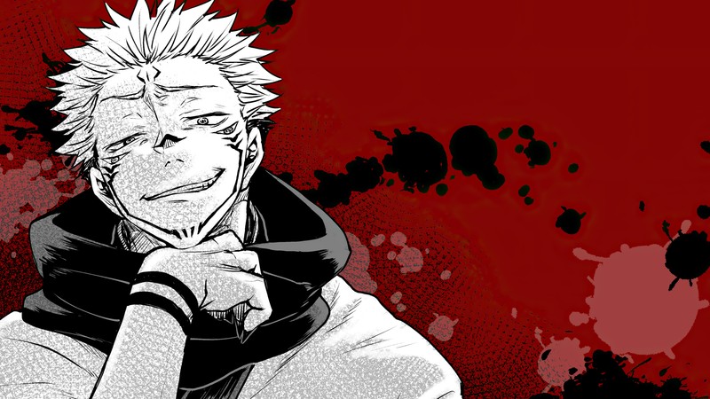 Крупный план человека на красном фоне (сукуна, sukuna, jujutsu kaisen, аниме, anime)