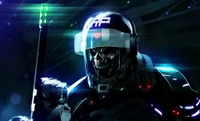 Futuristic Skeleton Soldier in High-Tech Helmet