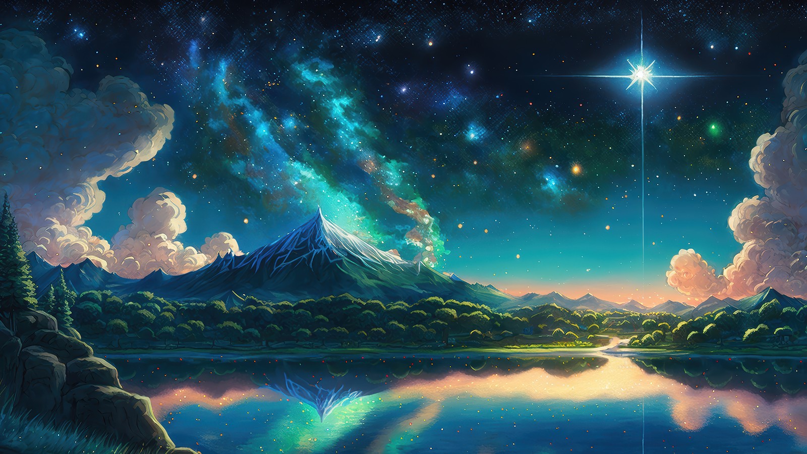 Uma pintura de uma montanha com um lago e estrelas no céu (noite, céu, estrelas, montanha, floresta)