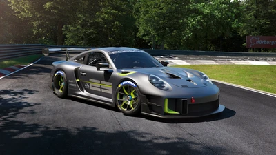 Porsche 911 GT2 RS Clubsport 25 au Nürburgring : Une voiture de sport élégante et haute performance dans un environnement de course dynamique.