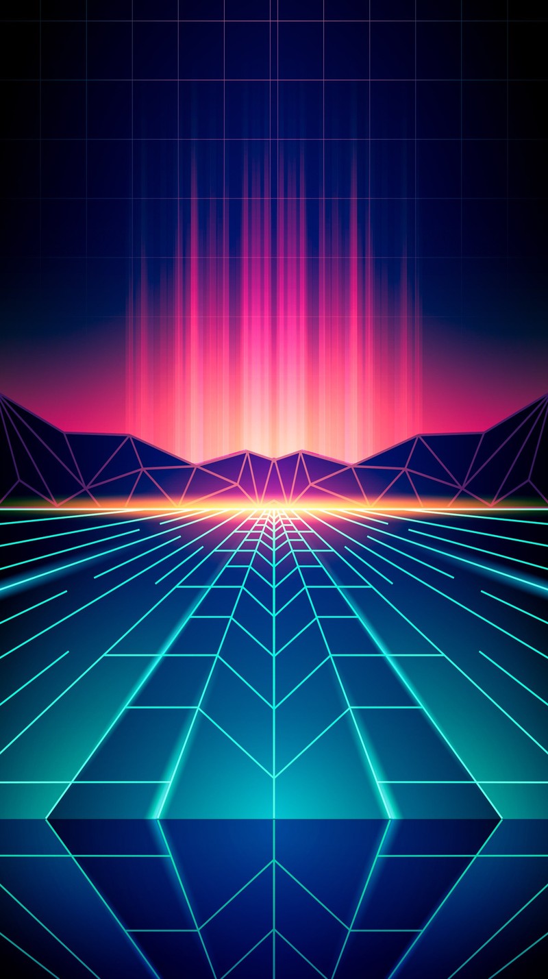 A close up of a neon landscape with mountains and a sunset (light, illustration, vector graphics, design, graphics)