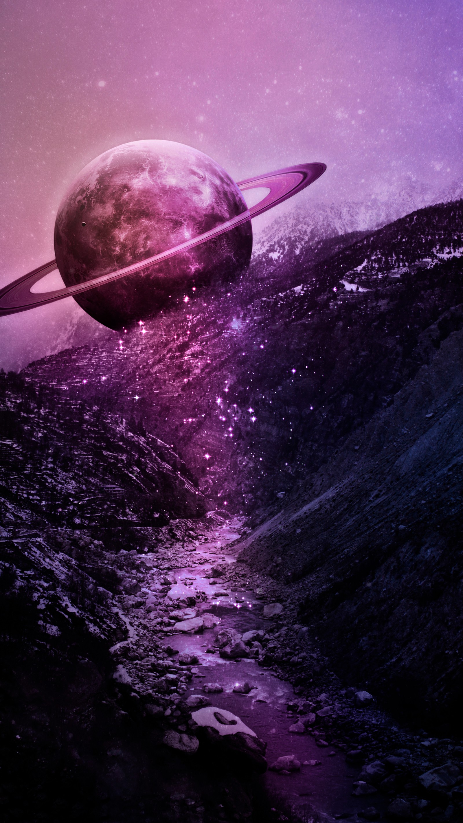 Purple and black photograph of a planet with a ring in the sky (atmosphere, earth, water, astronomical object, landscape)