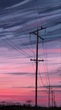 Dusk Serenity: Electric Lines Under a Purple Sky