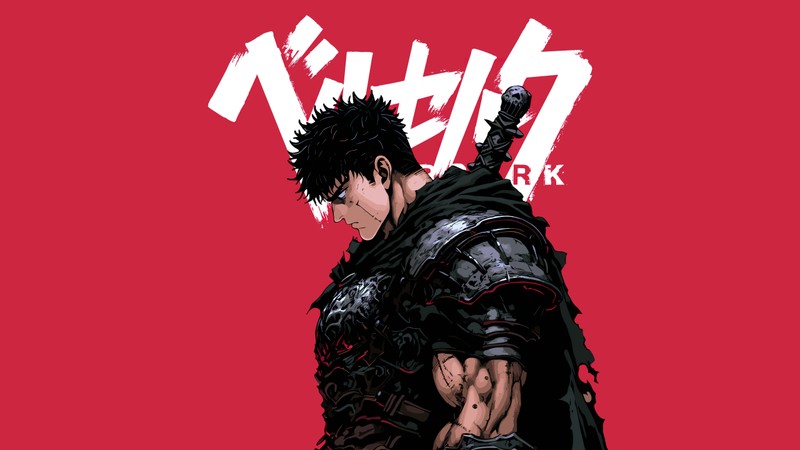 Мужчина с мечом стоит перед красным фоном (с guts, guts, 5k, берсерк, berserk)