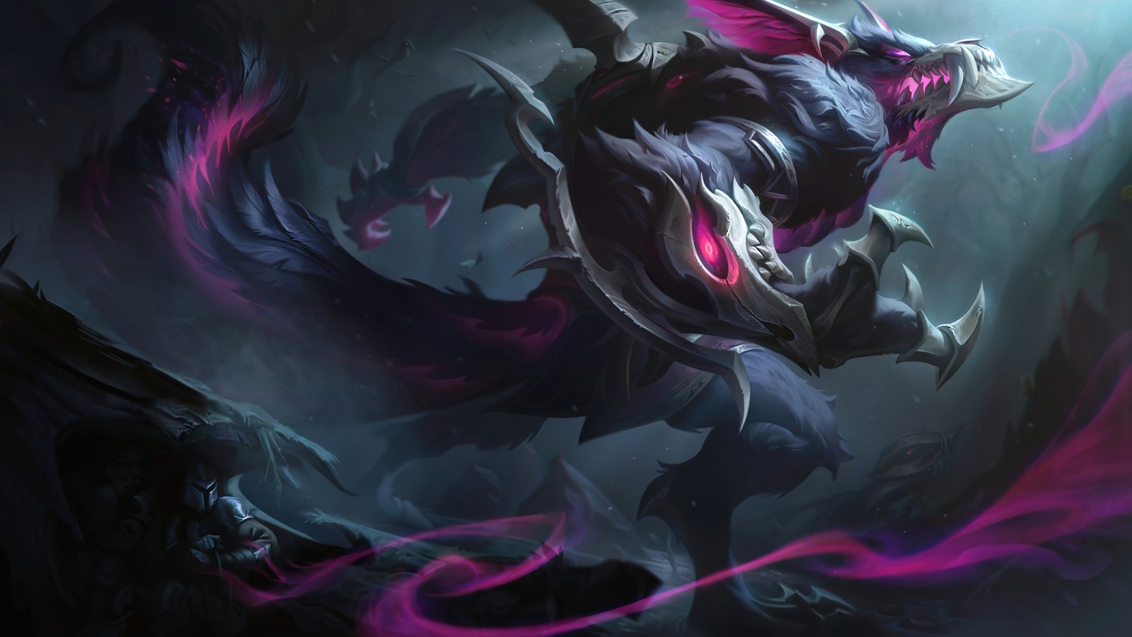 A demonic demon with glowing eyes and a demon like face (coven, warwick, skin, lol, splash art)