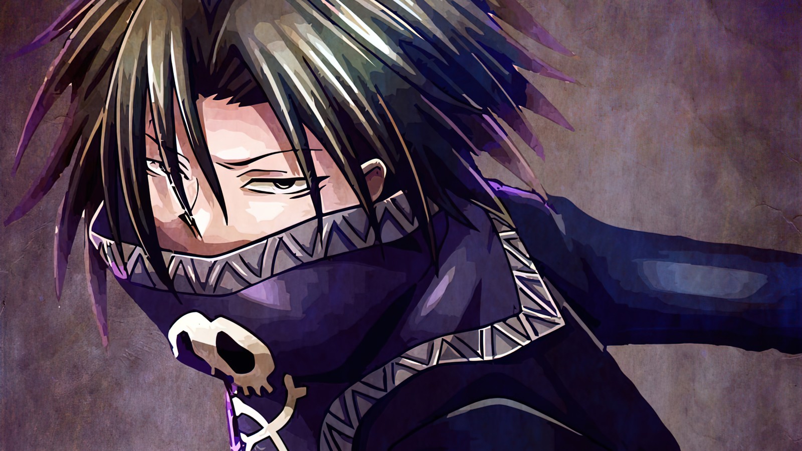 Anime, a man with a purple scarf and a skull on his face (feitan portor, hunter x hunter, anime)