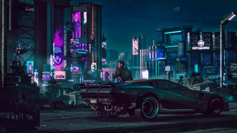 Мужчина стоит на крыше машины в городе ночью (cyberpunk 2077, видеоигра, город, ночь, v)