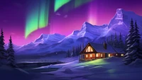 Cabaña de invierno encantadora bajo las auroras boreales