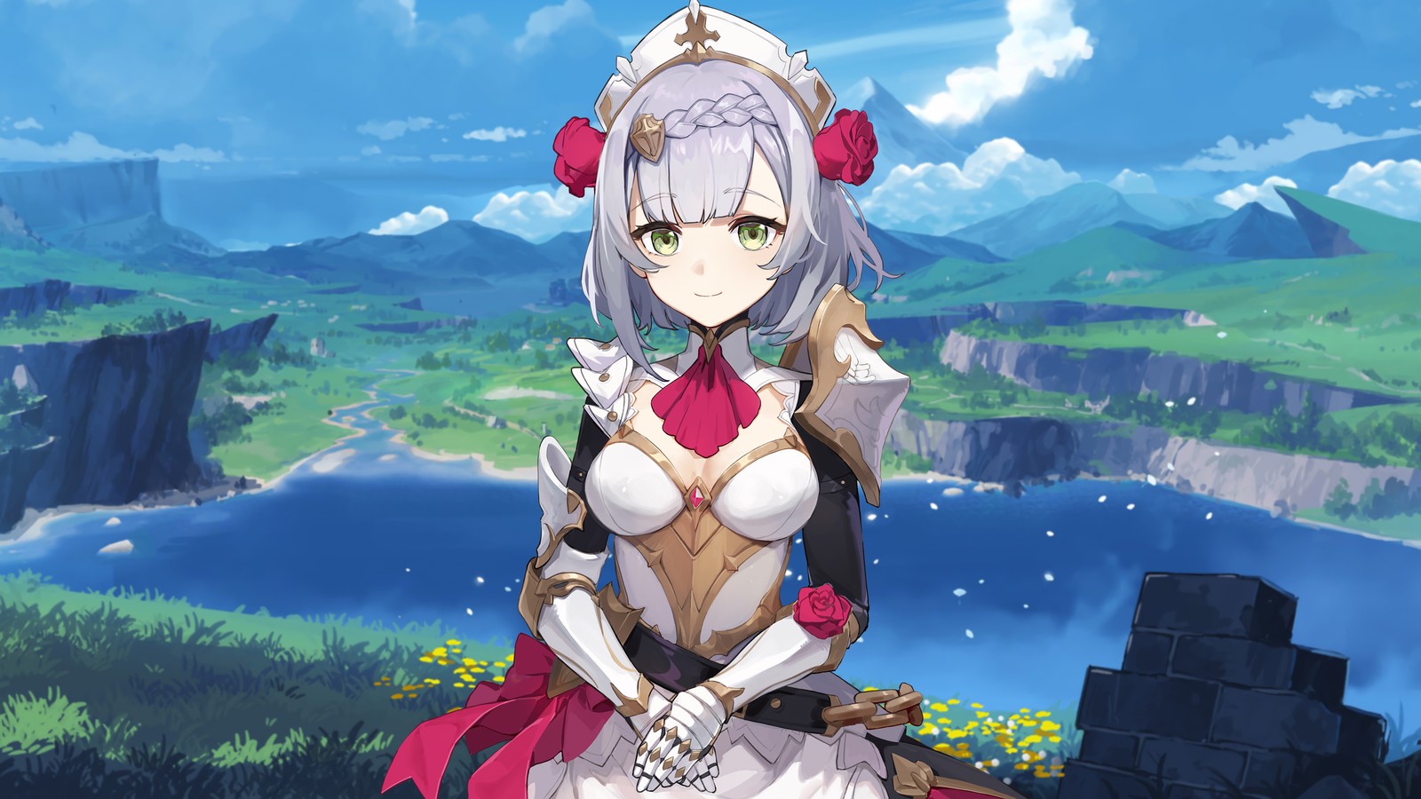 Uma mulher em um vestido branco em pé em uma colina com uma espada (noelle, genshin impact, jogo de vídeo, meninas de anime)