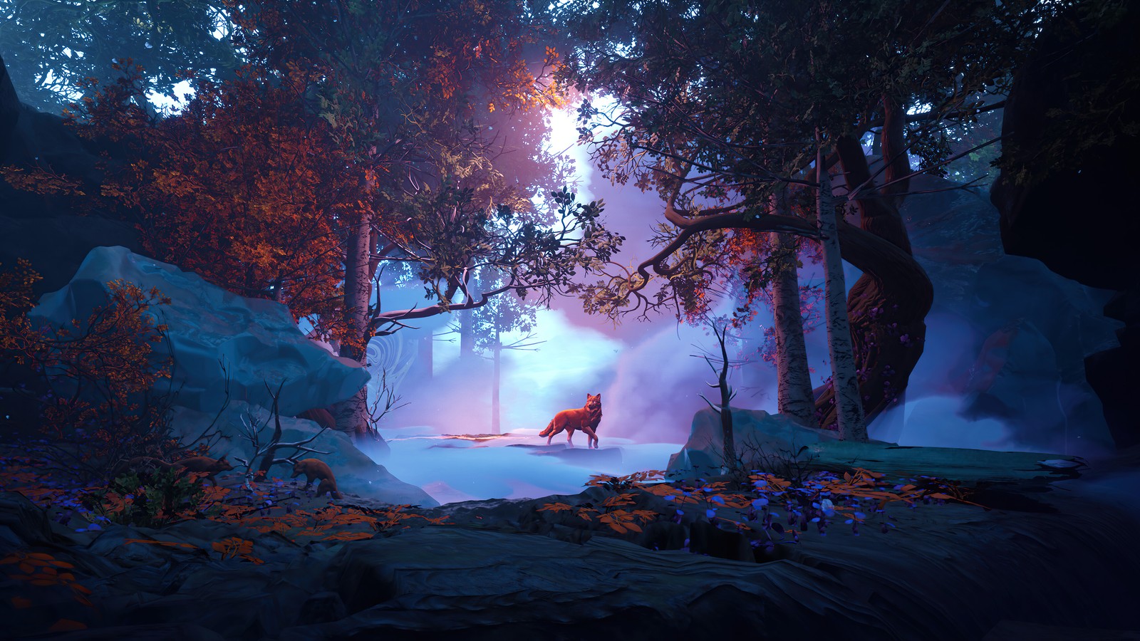 A fox in a forest with fog and trees (fox, forest, nature, scenery, art)