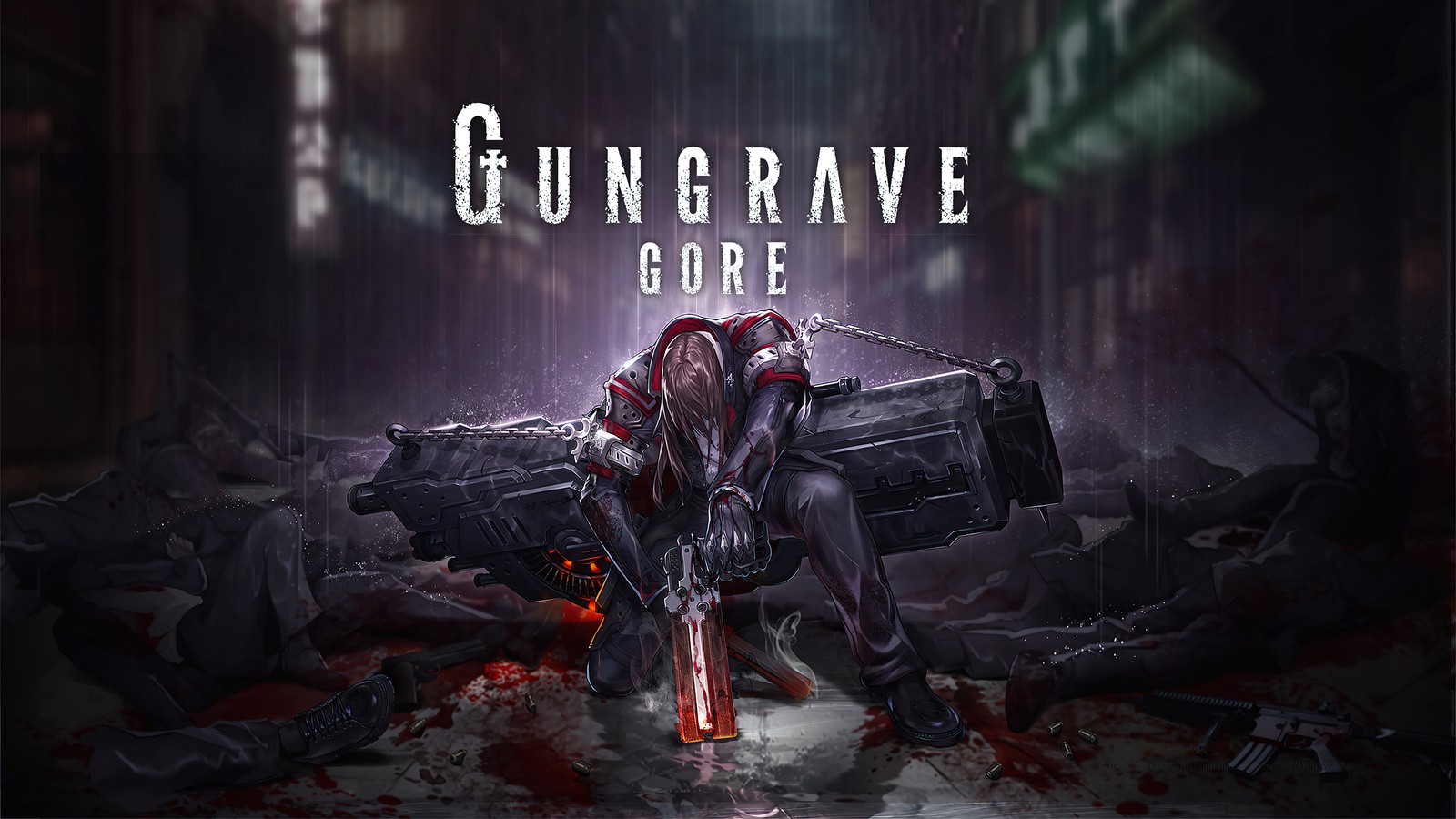 Une affiche d'un homme tenant un couteau devant une pile de morts (gungrave gore, jeu vidéo)