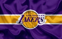 Logo de Los Angeles Lakers sobre fondo de tela púrpura y dorada