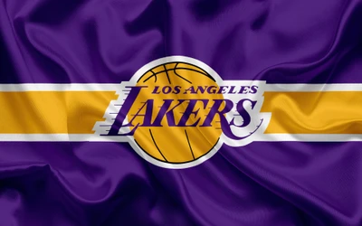 Los Angeles Lakers Logo auf lila und goldfarbenem Stoffhintergrund