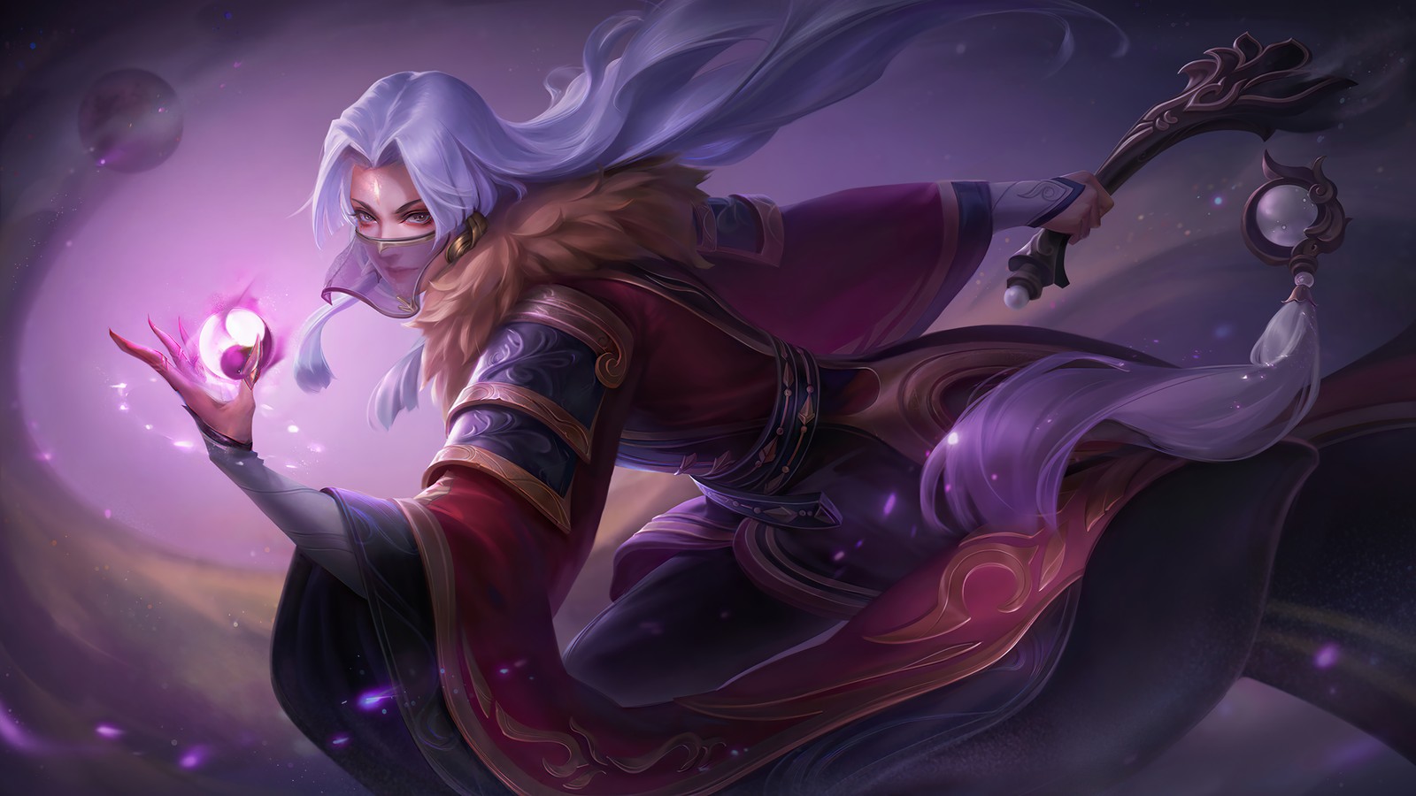 Une femme aux cheveux blancs et à la cape violette tenant une boule de cristal (luo yi, yin yang mage, mobile legends, bang bang, mlbb)