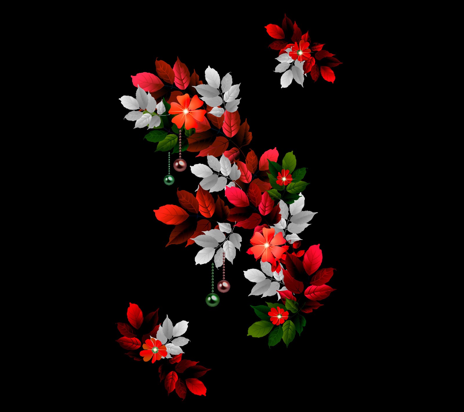 There are many red and white flowers on a black background (design, red, leaf, flower)