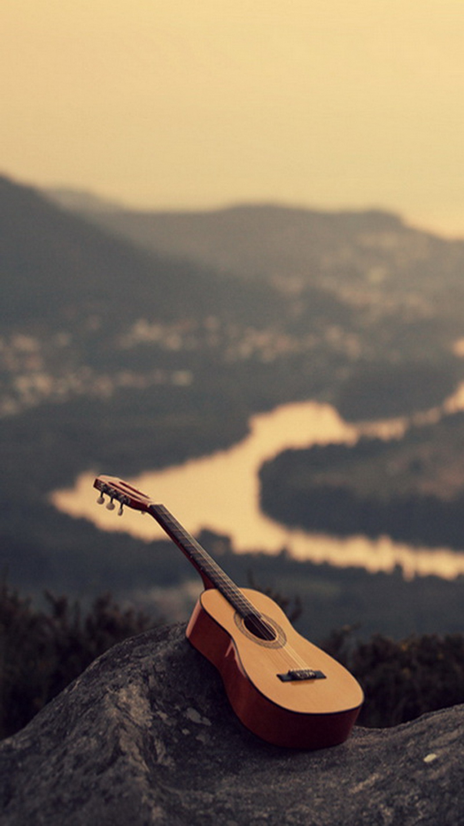 Il y a une guitare posée sur un rocher surplombant un lac (guitare, montagnes)