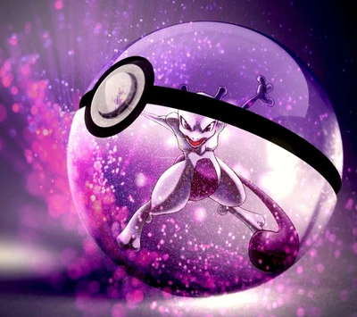 Mewtwo emergindo de uma Poké Ball com uma aura mística