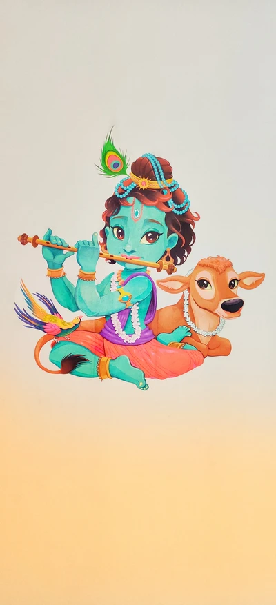 Charmant bébé Krishna avec flûte et vache