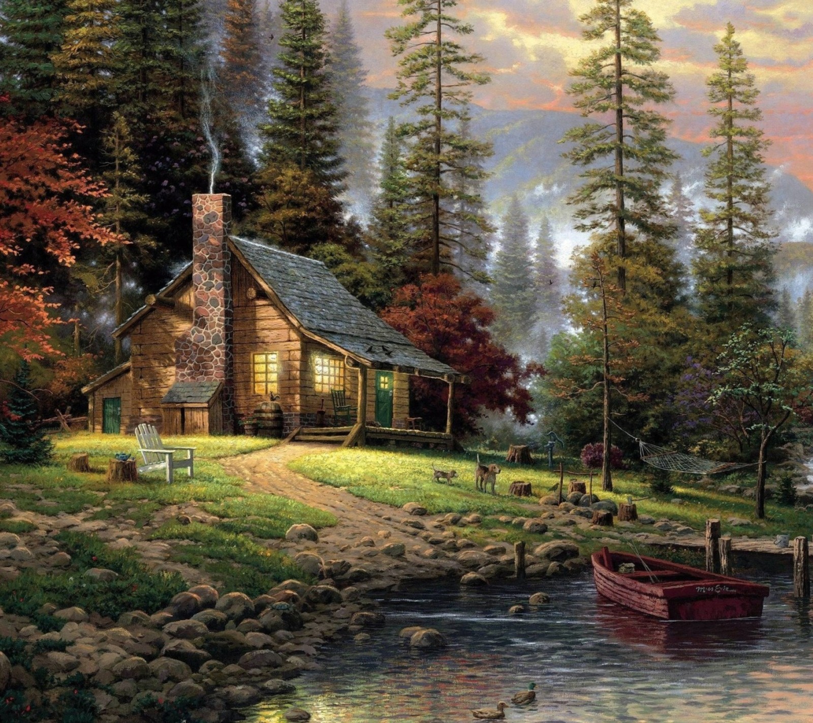 Painting of a cabin by a lake with a boat and ducks (rheh, rtyhs)