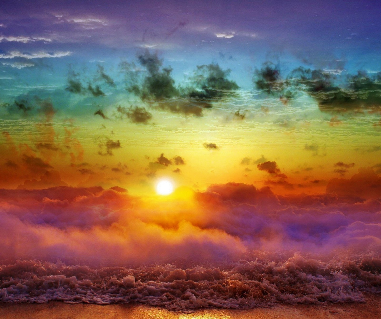 A close up of a sunset with a wave coming in (clouds, coast, landscape, sunset, wave)