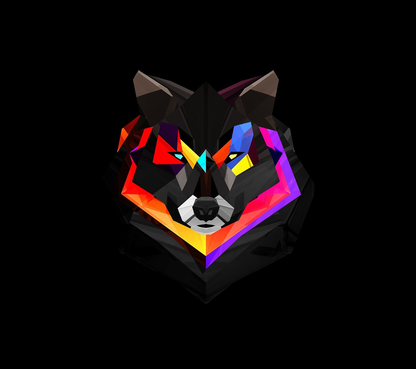 A close up of a colorful animal head on a black background (3d, abstract, wolf, wolves)