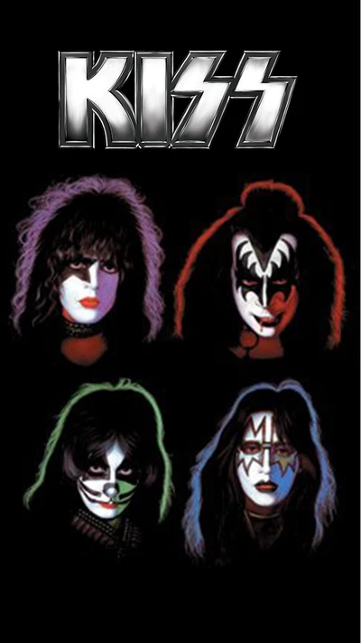 Groupe emblématique KISS avec des membres en maquillage et costumes complets, dégageant une énergie rock and roll.