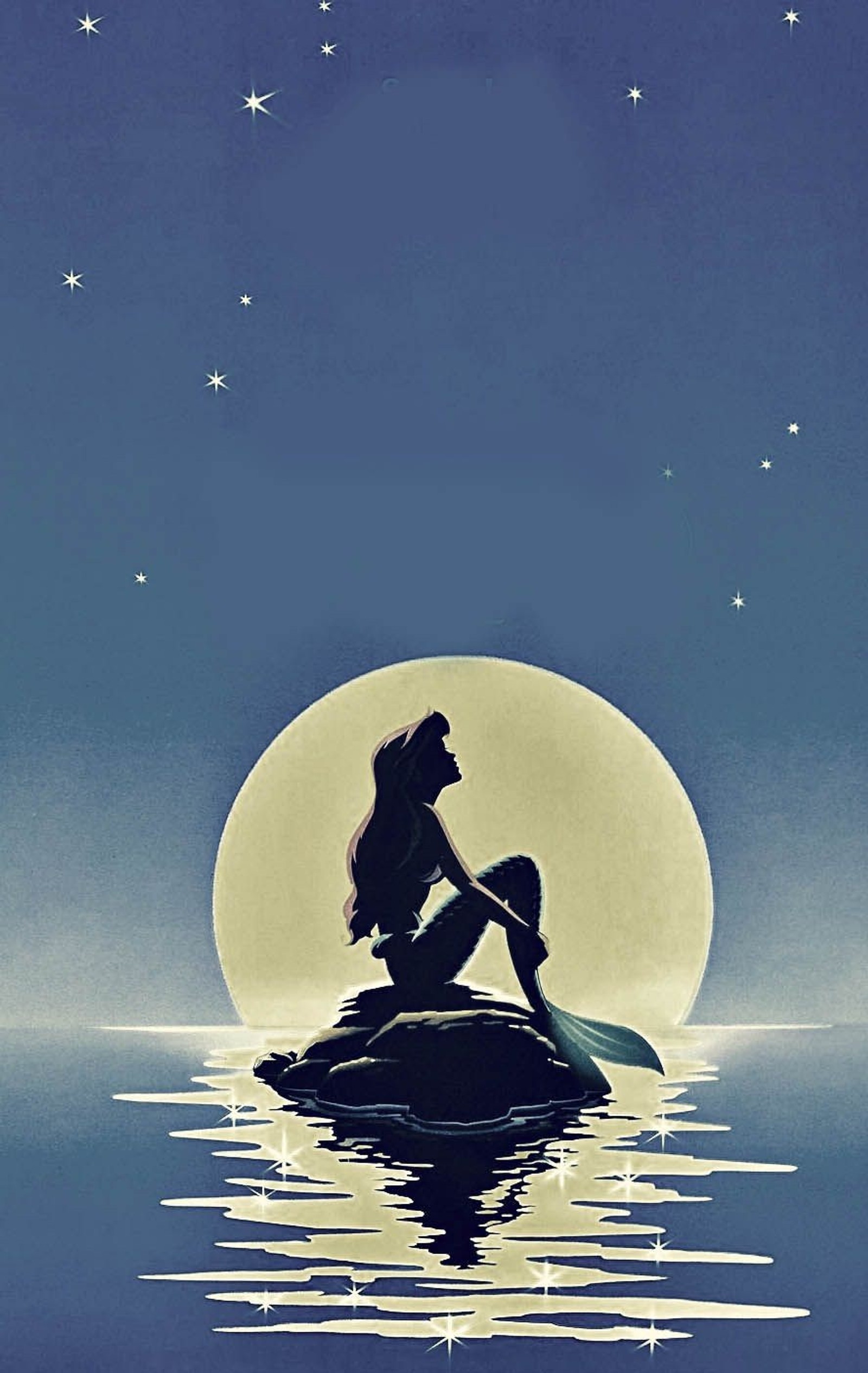 Disney princess ariel sitting on a rock in the water under a full moon (star, sunsets, sunset, weather, lights)