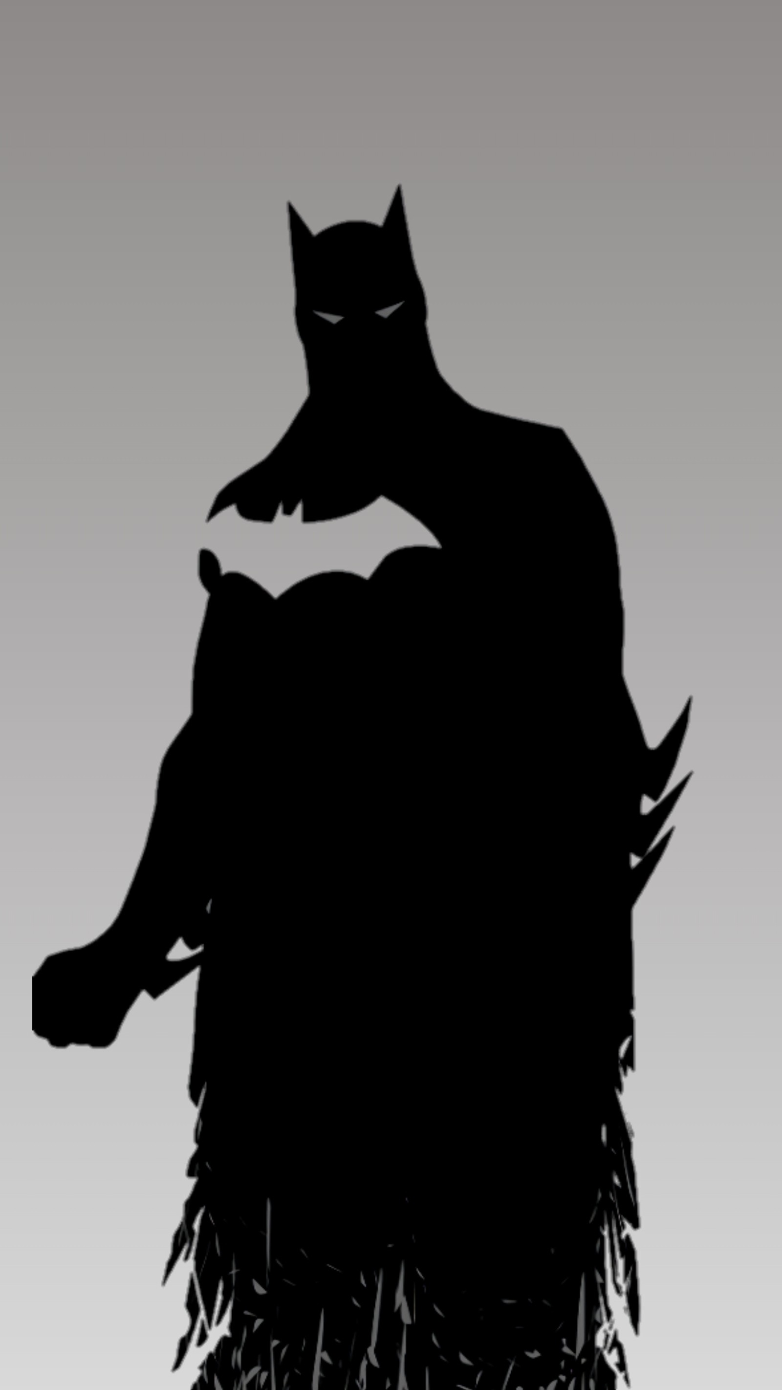 Batman silhouetted against a gray background with a person sitting on a chair (batman superheroe, comic)