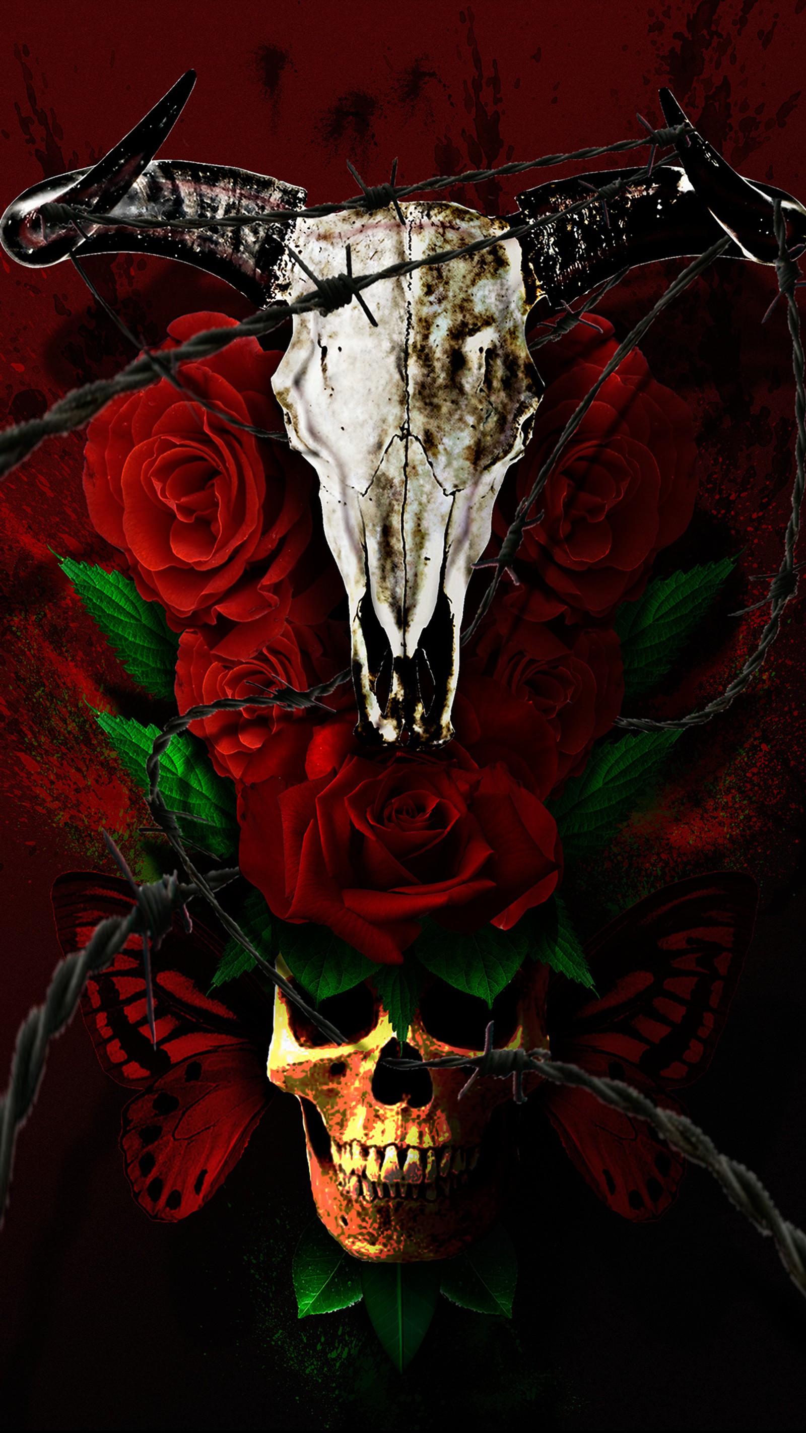 Calavera y rosas con alambre de púa en un fondo rojo (alambre de pua, ox skull, rosas, calavera)