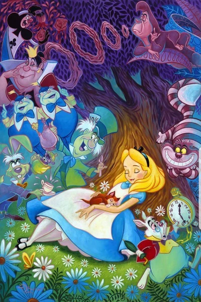 Alice entourée de personnages fantaisistes dans un cadre vibrant de Merveille, mettant en vedette le Chat du Cheshire, le Chapelier fou et le Lapin blanc.