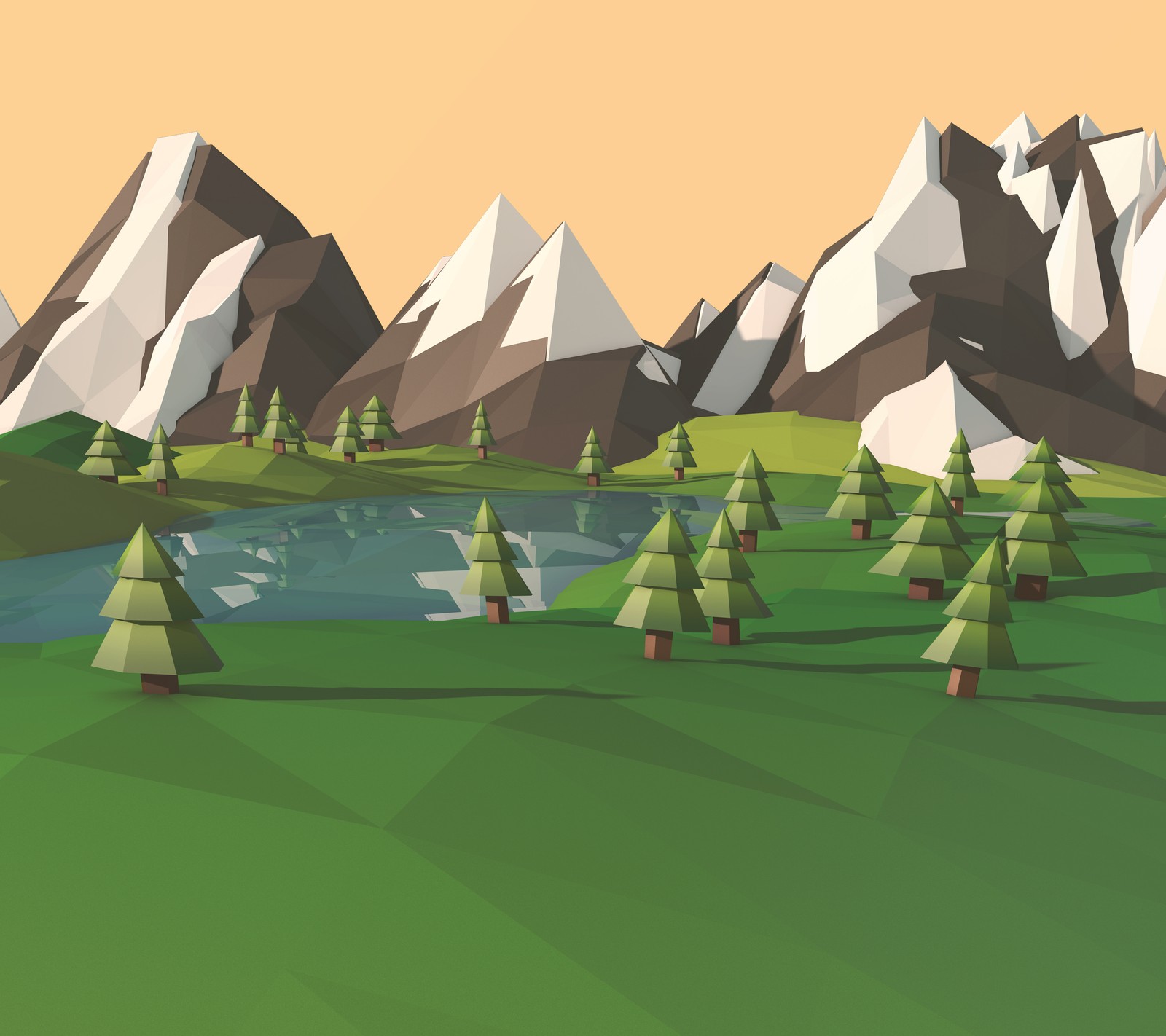 Uma ilustração em estilo de desenho animado de uma paisagem montanhosa com um lago e árvores (3d, abstrato, paisagem, polígono, forma)