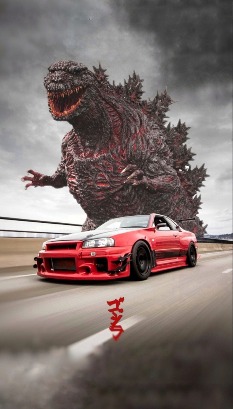 Крупный план автомобиля с горгоном сбоку (годзилла, godzilla, gtr, r34, горизонт)