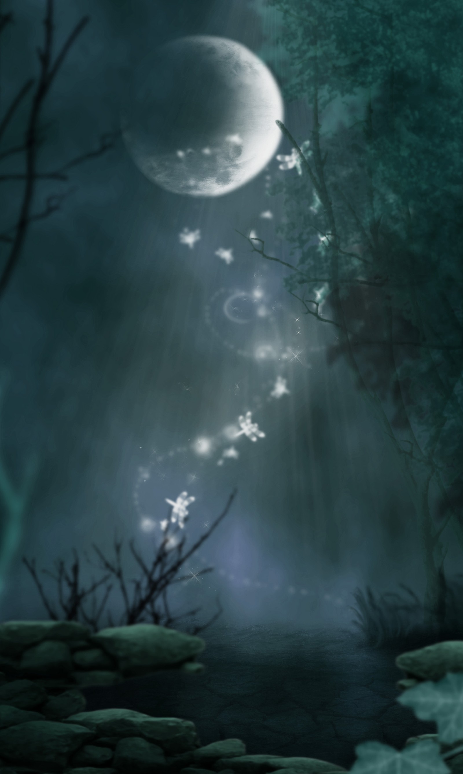 There is a full moon that is shining brightly over the water (fantasy, moon, star)