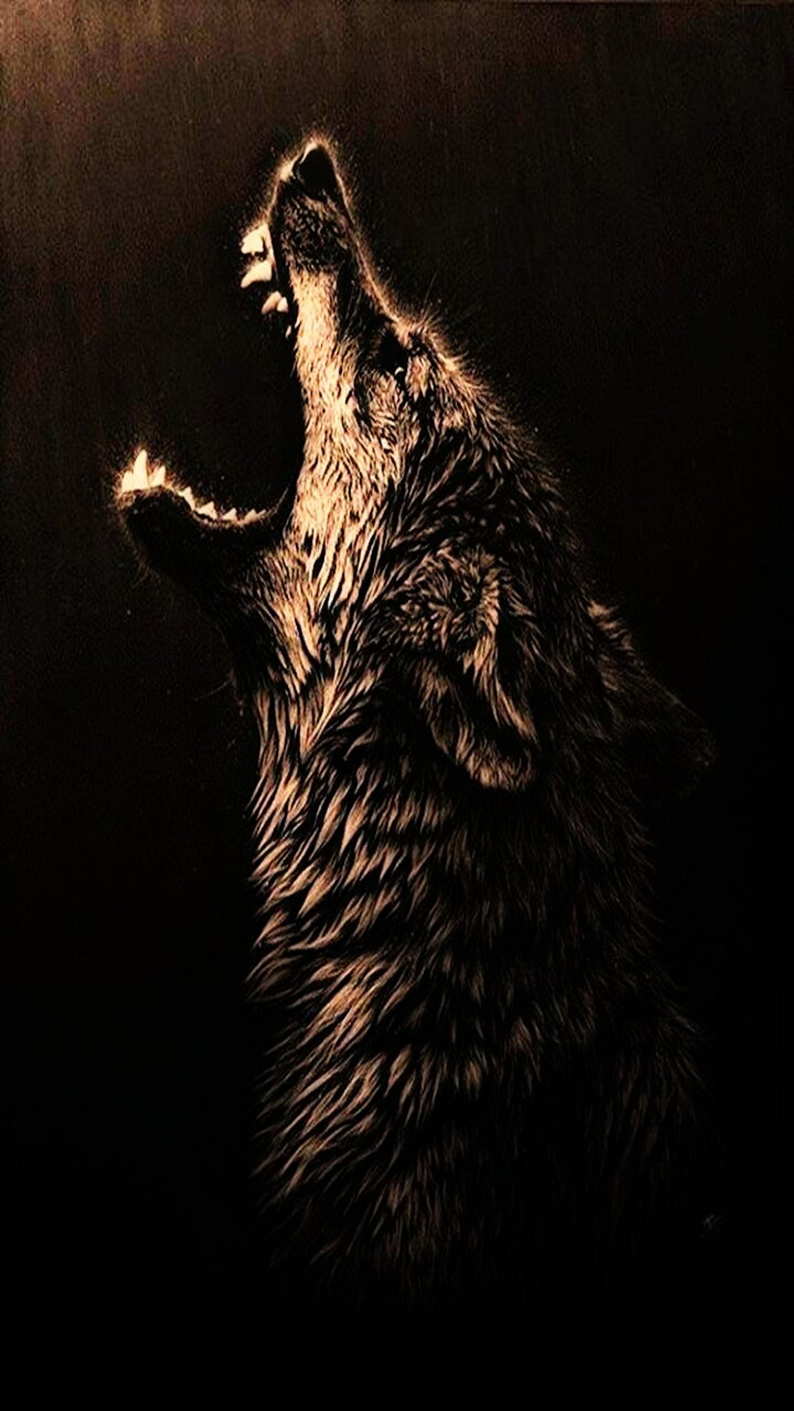 Pintura de um lobo uivando no escuro com a boca aberta (gatos, nuvem, choro, cachorro, sonho)