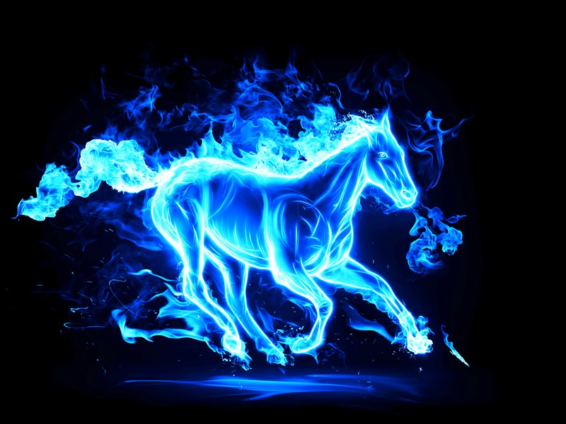 A close up of a horse running in a field of blue flames (aqua, blue)