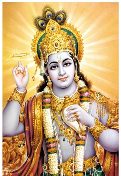 Vibrant depiction of Lord Krishna, adorned with golden jewelry and a colorful garland, radiating divine light and grace.