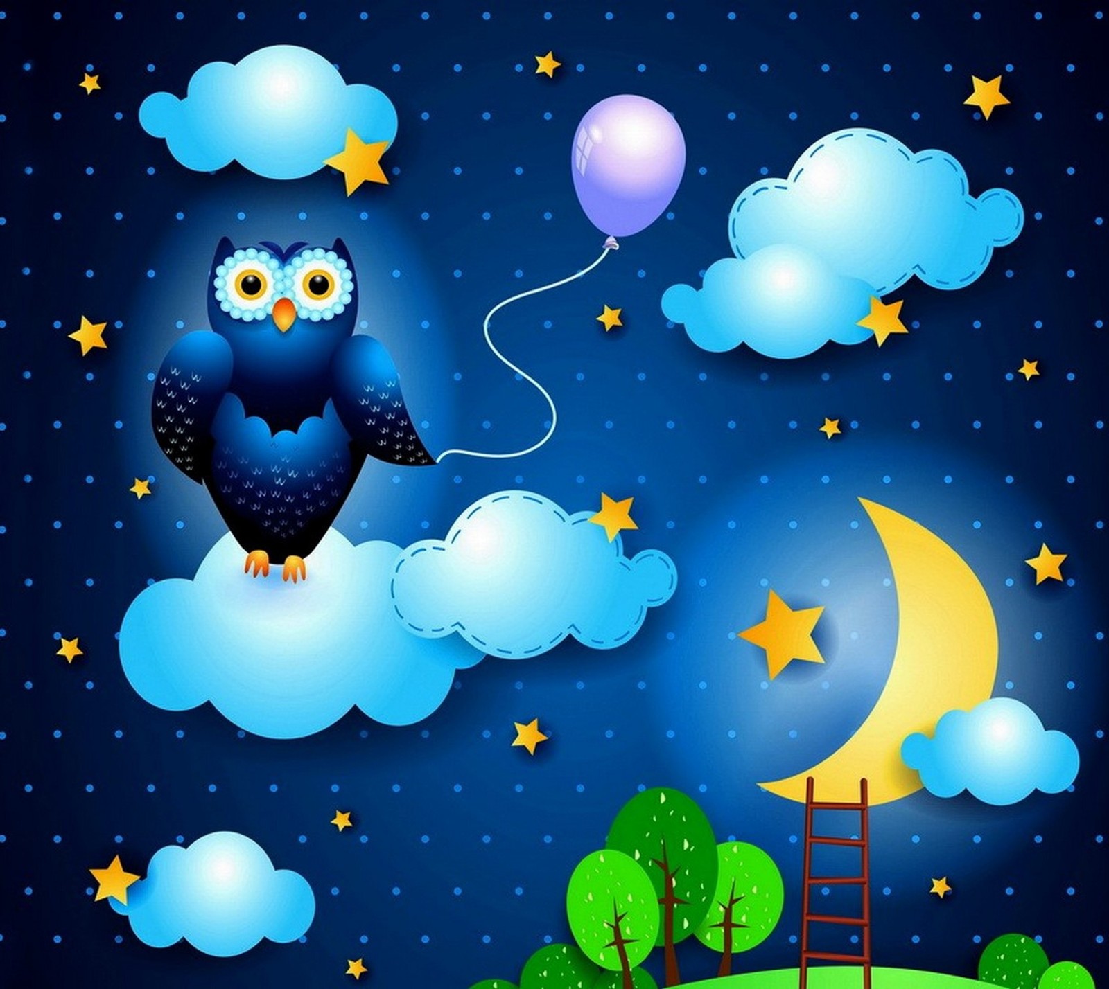 Night sky with clouds, ladder, ladder and owl (cartoon, clouds, moonballoon, night, owl)