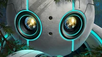 A captivating animated poster featuring a robot's face with glowing blue accents, framed by lush greenery, reflecting scenes from "The Wild Robot.