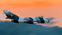 Mikoyan-Gurevich MiG-21 em voo contra um céu ao pôr do sol