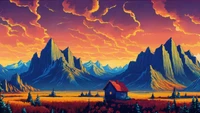 mountain, cabin, scenery, digital art wallpaper