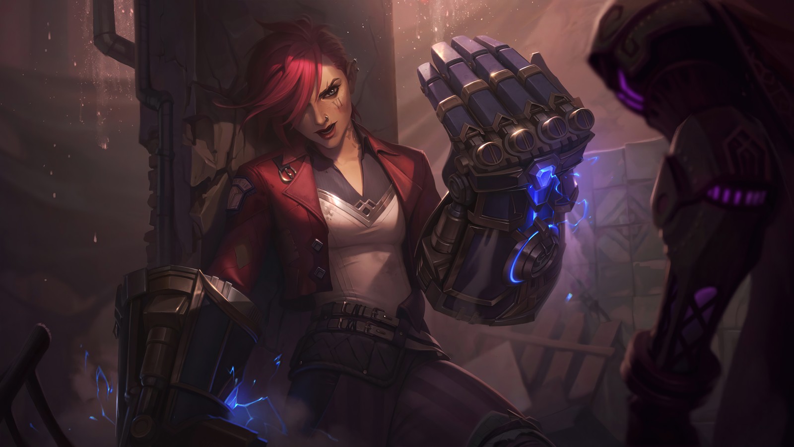 Uma mulher com cabelo vermelho e uma luva segurando um objeto brilhante (arcano, arcane, vi, lol, pele)