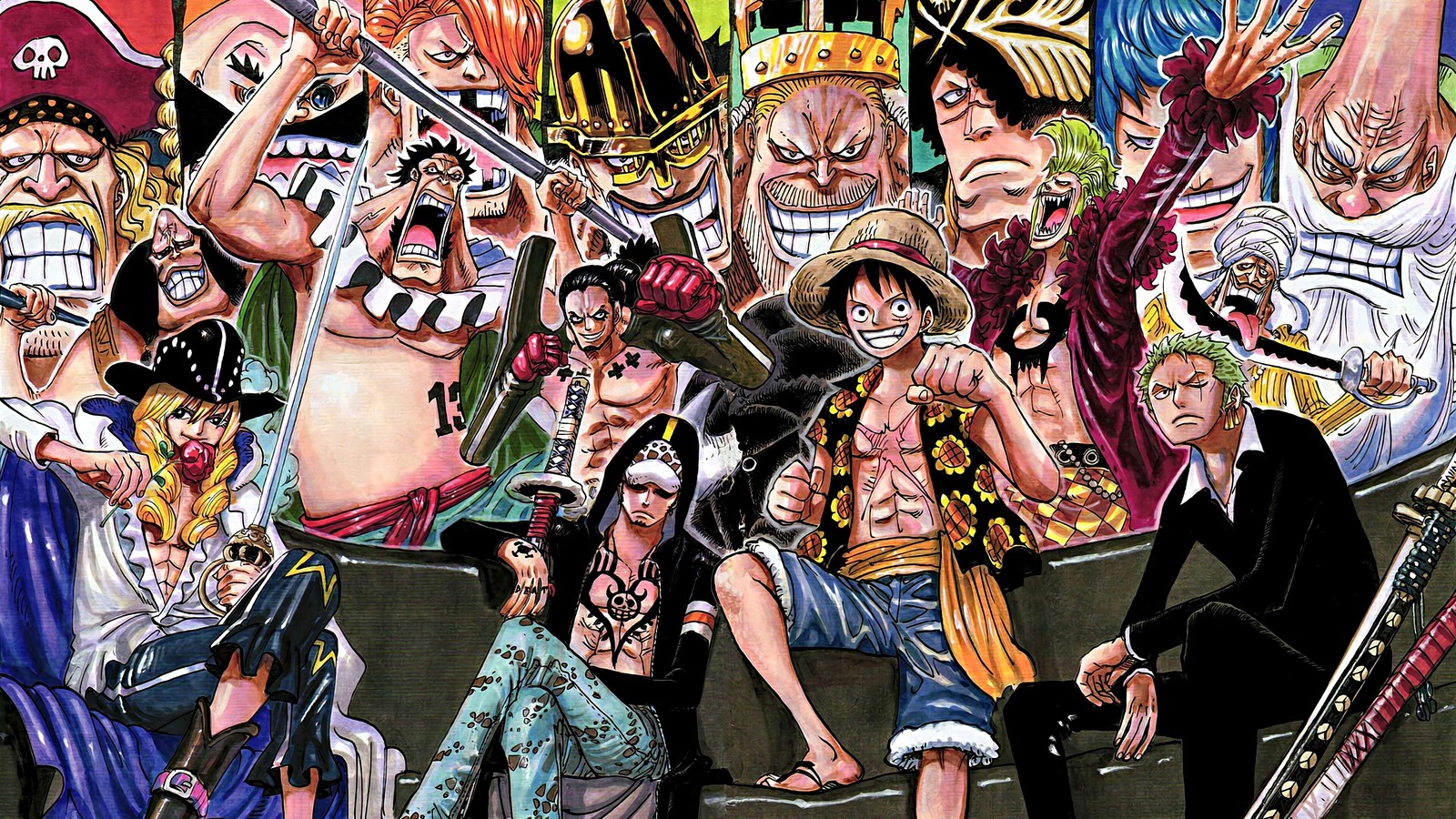 Piratas y su tripulación en un gran grupo de personas (one piece, anime, piratas de sombrero de paja, grand fleet, monkey d luffy)