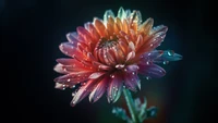 Chrysanthème vibrant avec des gouttes de rosée sur un fond bokeh