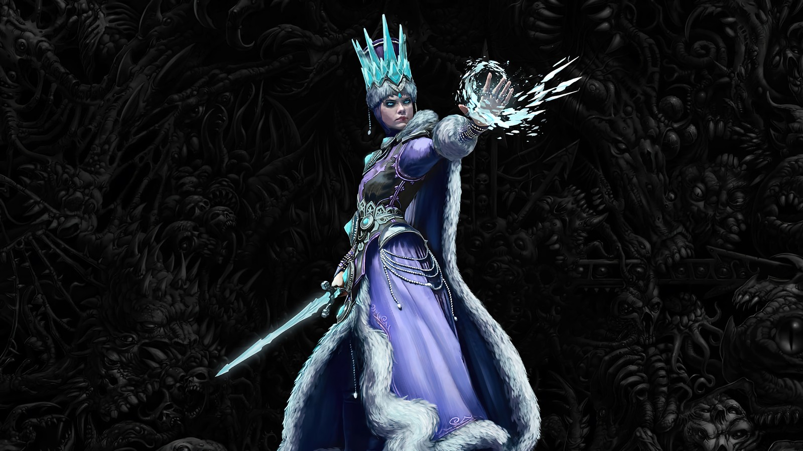 A close up of a person in a purple dress holding a sword (total warhammer iii, video game, total warhammer 3, tzarina katarin bokha)