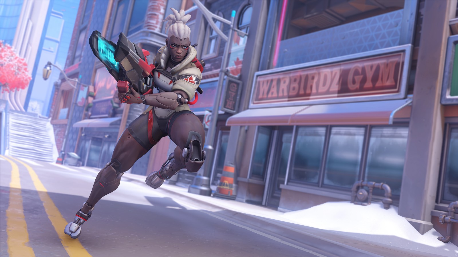 A close up of a person on a skateboard in a city (overwatch 2, video game, sojourn)