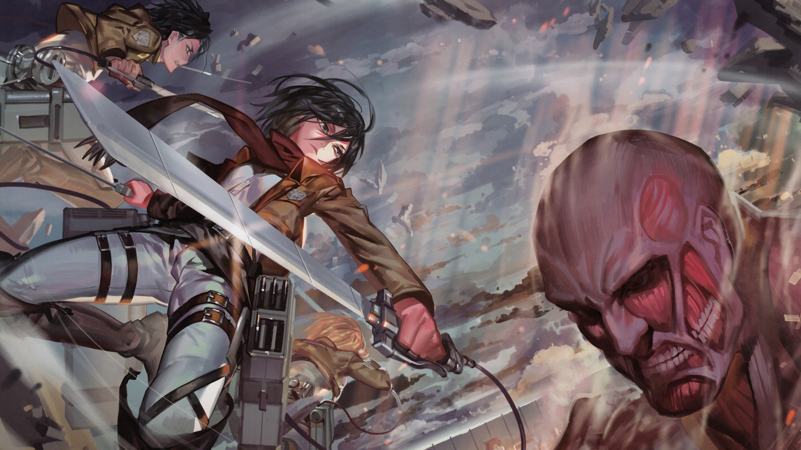 Lade mikasa ackerman, kolossaler titan, attack on titan, shingeki no kyojin, anime Hintergrund herunter