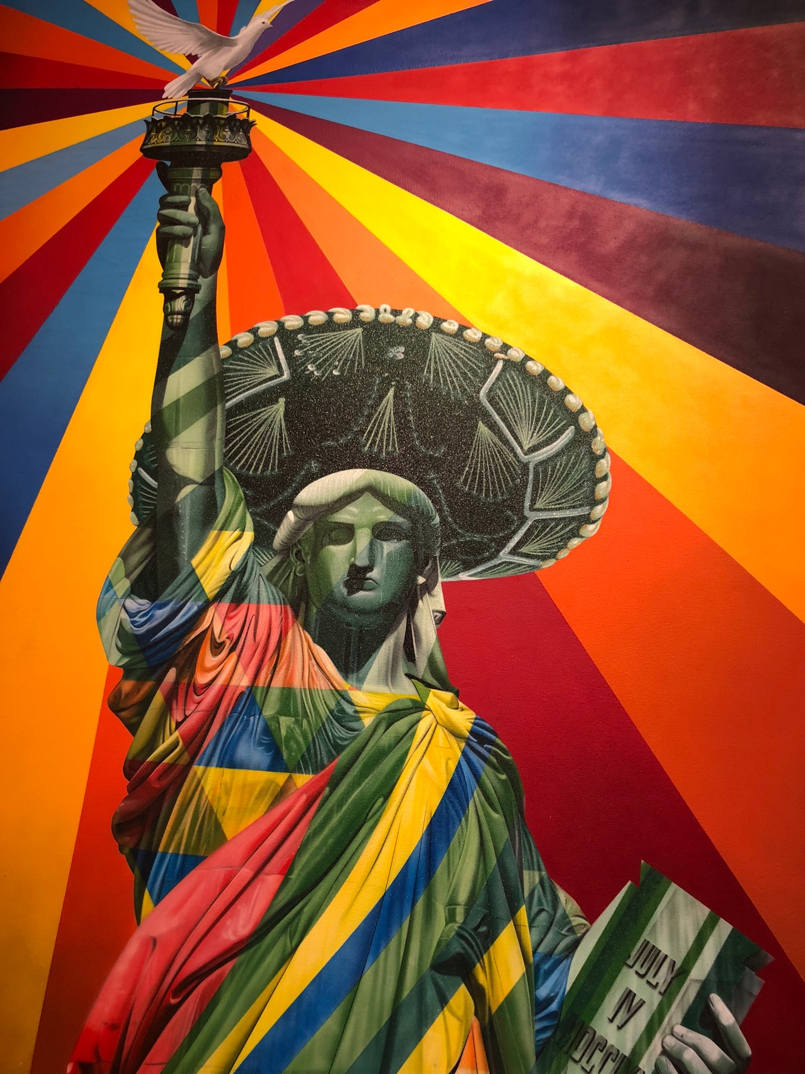 Painting of a statue of liberty with a mexican hat and a book (miami, art, street art, work of art, sculpture)